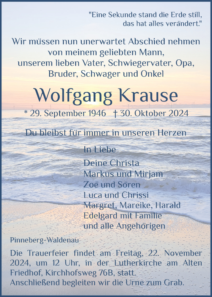  Traueranzeige für Wolfgang Krause vom 16.11.2024 aus Region Pinneberg und tip Pinneberg