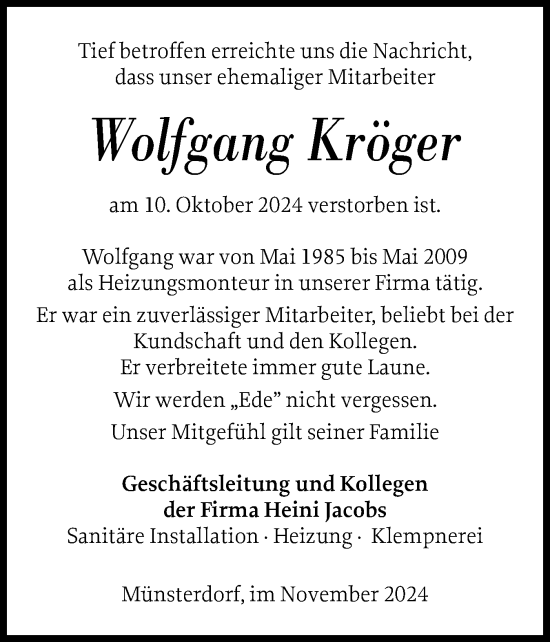 Traueranzeige von Wolfgang Kröger von Norddeutsche Rundschau, Wilstersche Zeitung, Glückstädter Fortuna