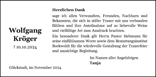 Traueranzeige von Wolfgang Kröger von Norddeutsche Rundschau, Wilstersche Zeitung, Glückstädter Fortuna