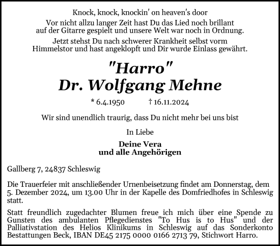 Traueranzeige von Wolfgang Mehne von Schleswiger Nachrichten, Schlei-Bote