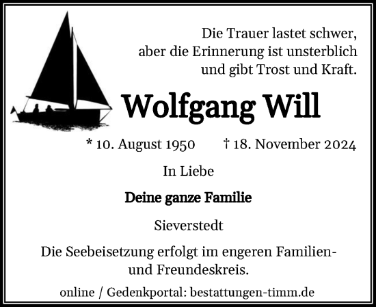 Traueranzeige von Wolfgang Will von Flensburger Tageblatt, Schleswiger Nachrichten, Schlei-Bote