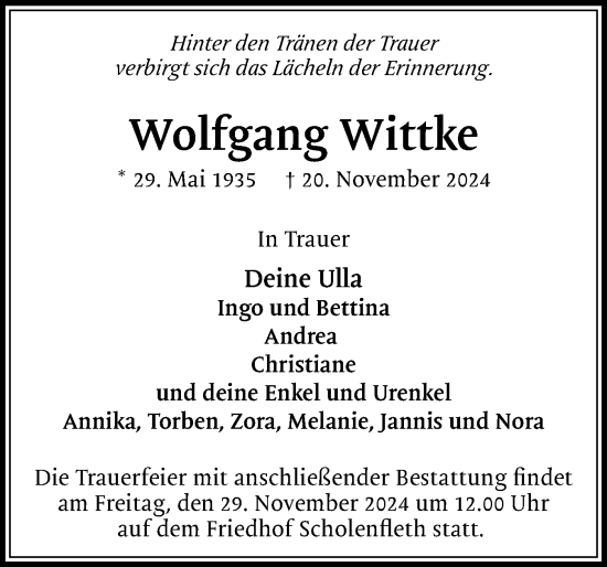 Traueranzeige von Wolfgang Wittke von Uetersener Nachrichten, Der tip am Wochenende