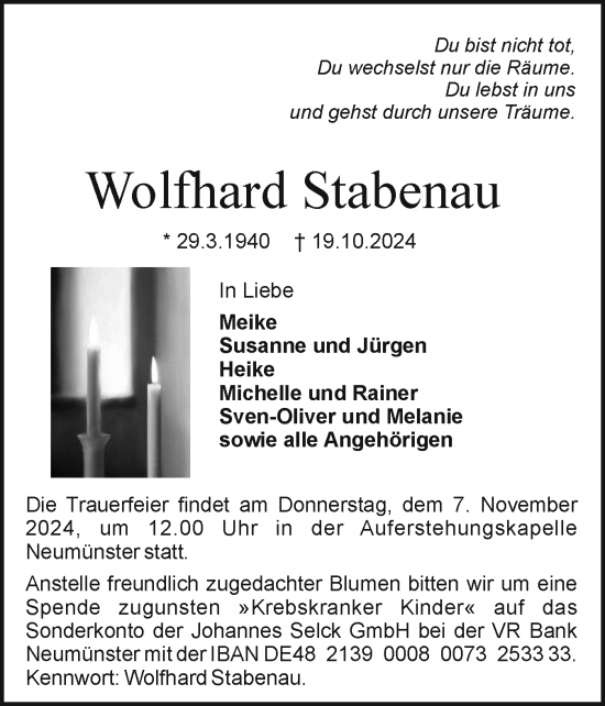 Traueranzeige von Wolfhard Stabenau von Holsteinischer Courier