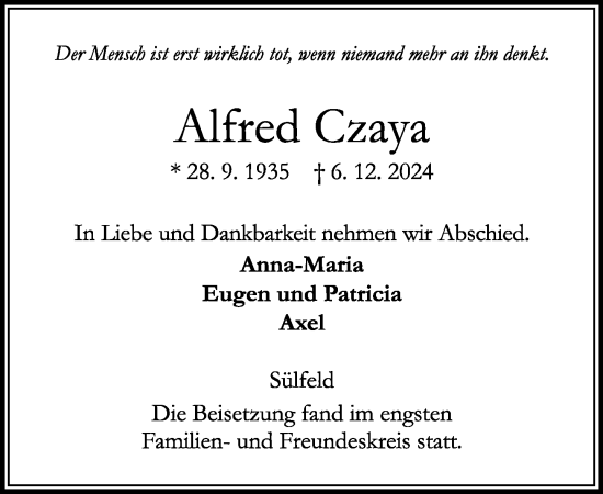 Traueranzeige von Alfred Czaya von Stormaner Tageblatt