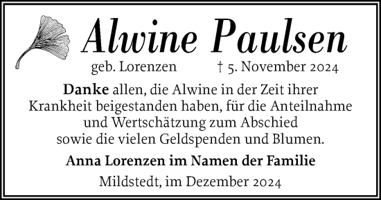 Traueranzeige von Alwine Paulsen von Husumer Nachrichten, Nordfriesland Tageblatt
