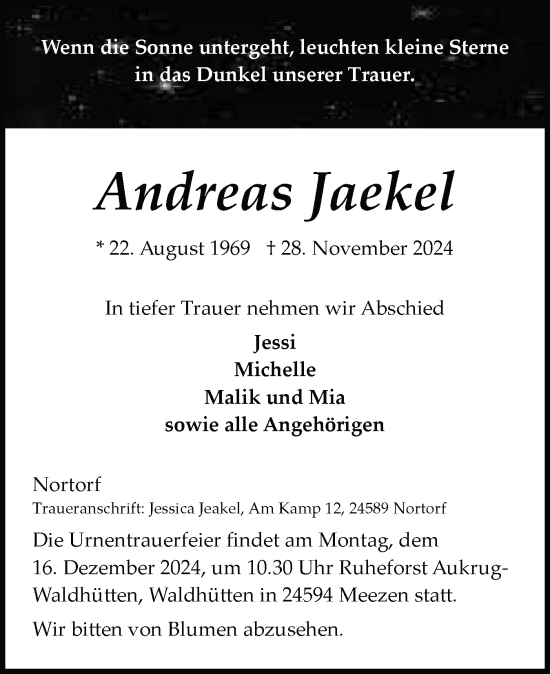 Traueranzeige von Andreas Jaekel von Schleswig-Holsteinische Landeszeitung