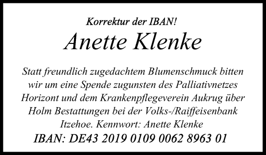 Traueranzeige von Anette Klenke von Schleswig-Holsteinische Landeszeitung