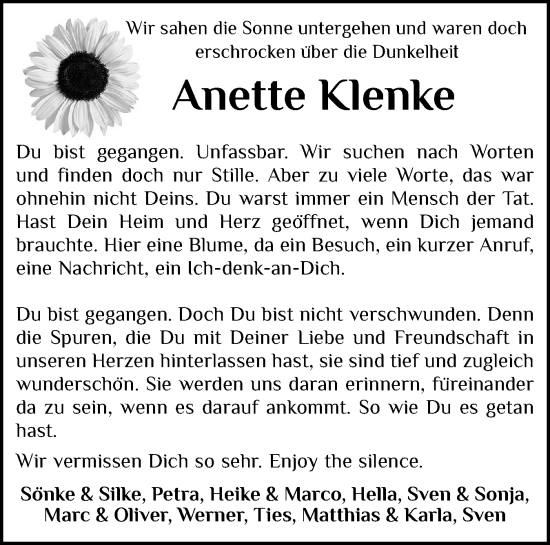 Traueranzeige von Anette Klenke von Schleswig-Holsteinische Landeszeitung