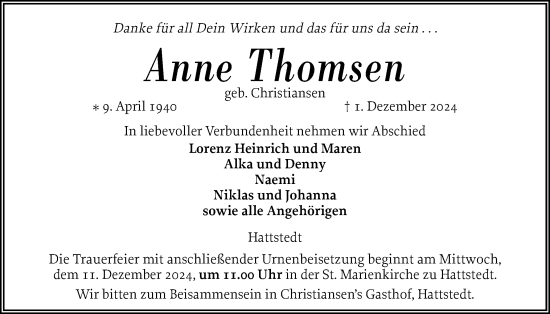 Traueranzeige von Anne Thomsen von Husumer Nachrichten, Nordfriesland Tageblatt