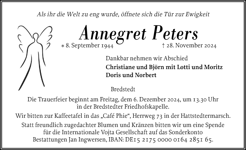  Traueranzeige für Annegret Peters vom 03.12.2024 aus Husumer Nachrichten, Nordfriesland Tageblatt