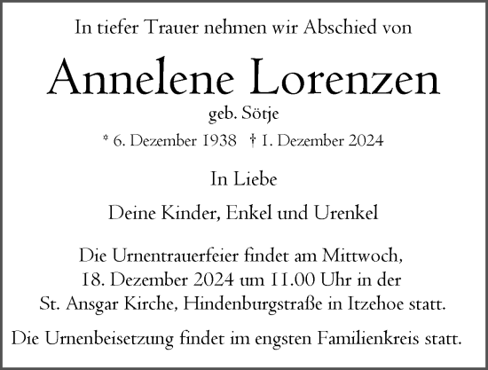 Traueranzeige von Annelene Lorenzen von Norddeutsche Rundschau, Wilstersche Zeitung, Glückstädter Fortuna