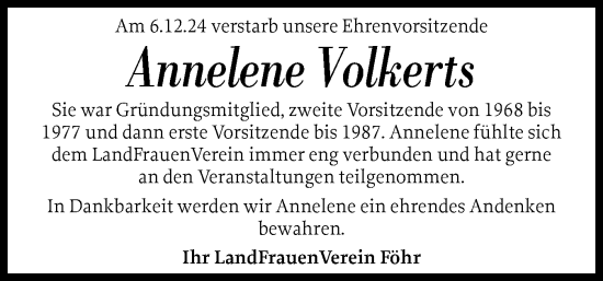 Traueranzeige von Annelene Volkerts von Der Insel-Bote