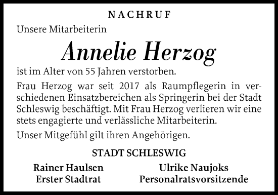 Traueranzeige von Annelie Herzog von Schleswiger Nachrichten, Schlei-Bote