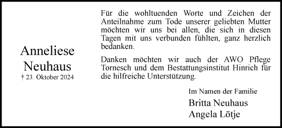 Traueranzeige von Anneliese Neuhaus von Uetersener Nachrichten, Der tip am Wochenende