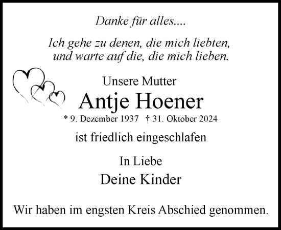 Traueranzeige von Antje Hoener von Uetersener Nachrichten, Der tip am Wochenende
