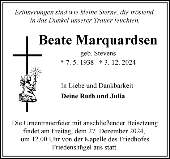 Traueranzeige von Beate Marquardsen von Flensburger Tageblatt