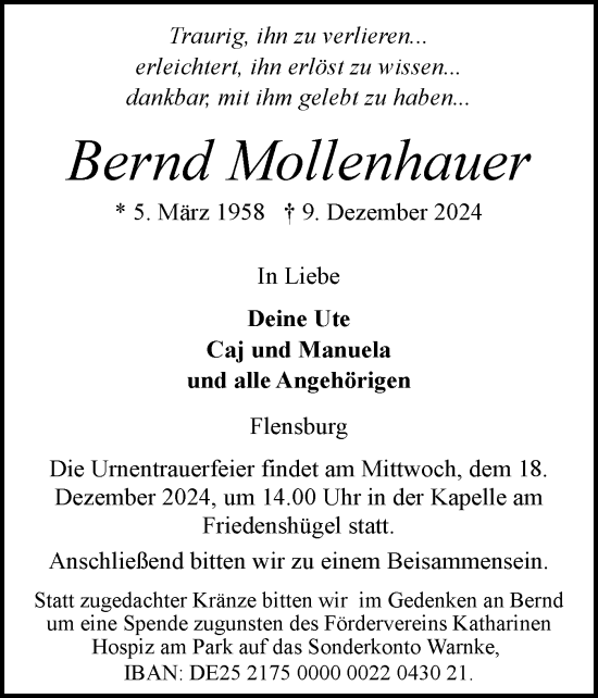 Traueranzeige von Bernd Mollenhauer von Flensburger Tageblatt