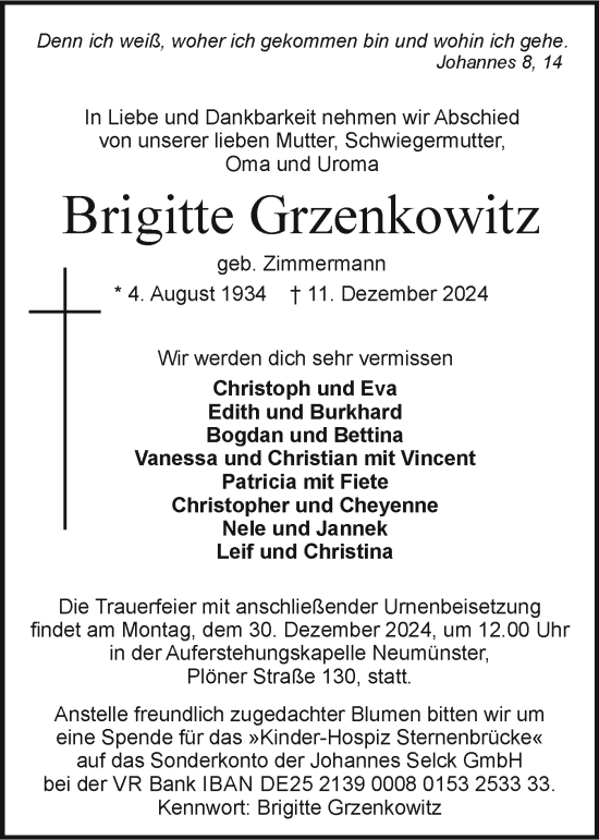 Traueranzeige von Brigitte Grzenkowitz von Holsteinischer Courier