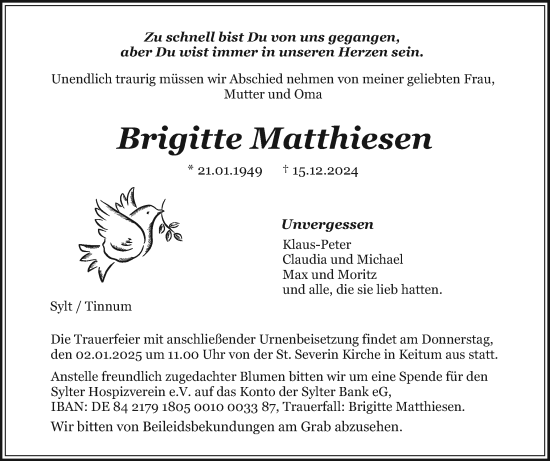 Traueranzeige von Brigitte Matthiesen von Sylter Rundschau