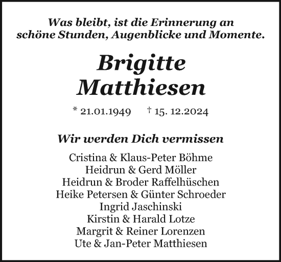 Traueranzeige von Brigitte Matthiesen von Sylter Rundschau