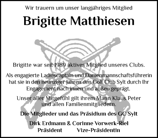 Traueranzeige von Brigitte Matthiesen von Sylter Rundschau