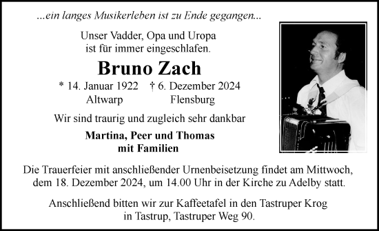 Traueranzeige von Bruno Zach von Flensburger Tageblatt