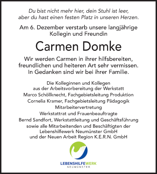 Traueranzeige von Carmen Domke von Holsteinischer Courier