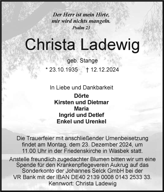 Traueranzeige von Christa Ladewig von Holsteinischer Courier