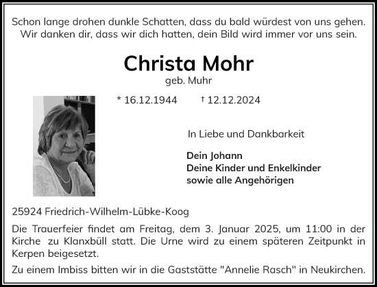 Traueranzeige von Christa Mohr von Husumer Nachrichten, Nordfriesland Tageblatt