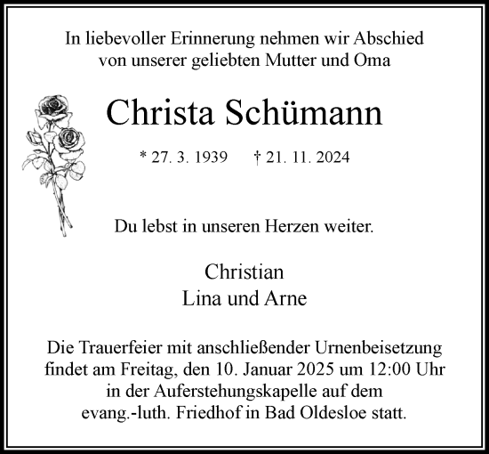 Traueranzeige von Christa Schümann von Stormaner Tageblatt