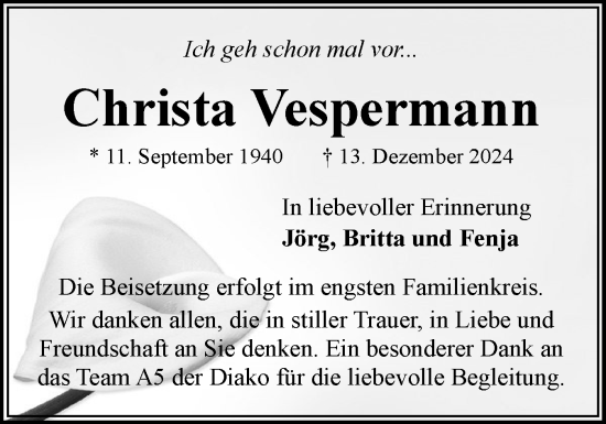 Traueranzeige von Christa Vespermann von Flensburger Tageblatt