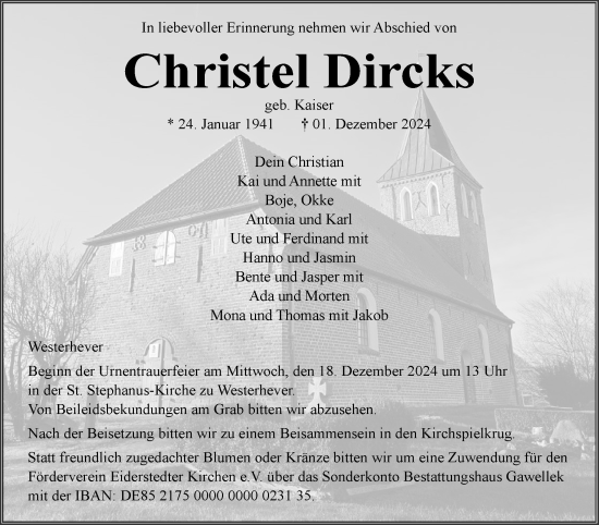 Traueranzeige von Christel Dircks von Husumer Nachrichten, Nordfriesland Tageblatt