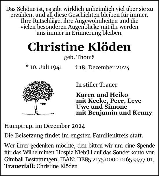 Traueranzeige von Christine Klöden von Husumer Nachrichten, Nordfriesland Tageblatt