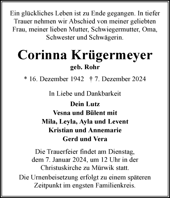 Traueranzeige von Corinna Krügermeyer von Flensburger Tageblatt