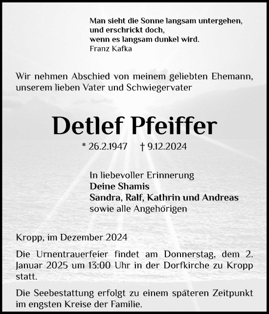 Traueranzeige von Detlef Pfeiffer von Schleswiger Nachrichten, Schlei-Bote