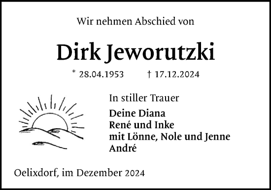 Traueranzeige von Dirk Jeworutzki von Norddeutsche Rundschau, Wilstersche Zeitung, Glückstädter Fortuna