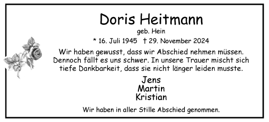 Traueranzeige von Doris Heitmann von Uetersener Nachrichten, Der tip am Wochenende
