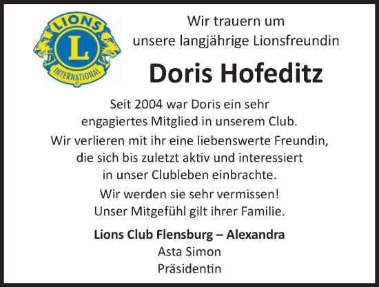 Traueranzeige von Doris Hofeditz von Flensburger Tageblatt