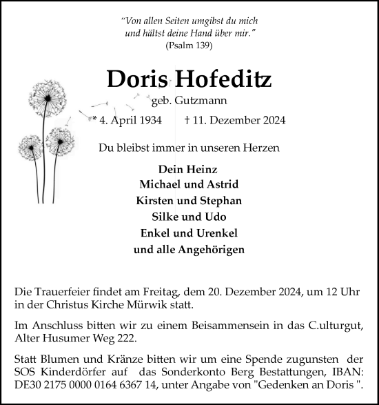 Traueranzeige von Doris Hofeditz von Flensburger Tageblatt