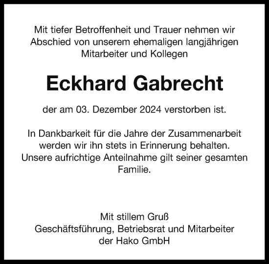 Traueranzeige von Eckhard Gabrecht von Stormaner Tageblatt