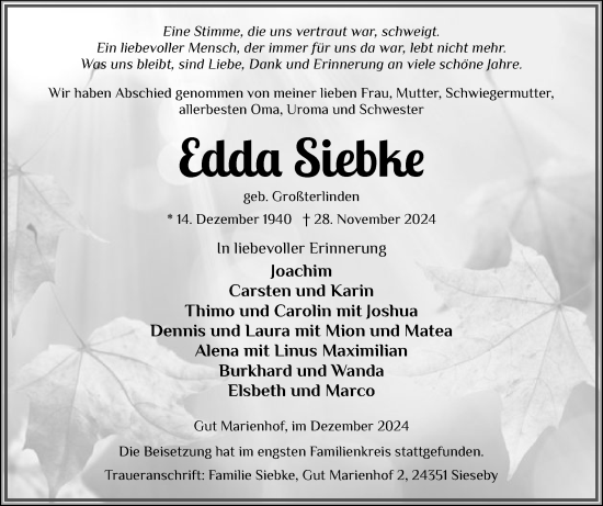 Traueranzeige von Edda Siebke von Eckernförder Zeitung, Hallo Eckernförde