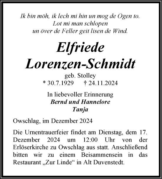 Traueranzeige von Elfriede Lorenzen-Schmidt von Schleswig-Holsteinische Landeszeitung