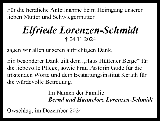 Traueranzeige von Elfriede Lorenzen-Schmidt von Schleswig-Holsteinische Landeszeitung