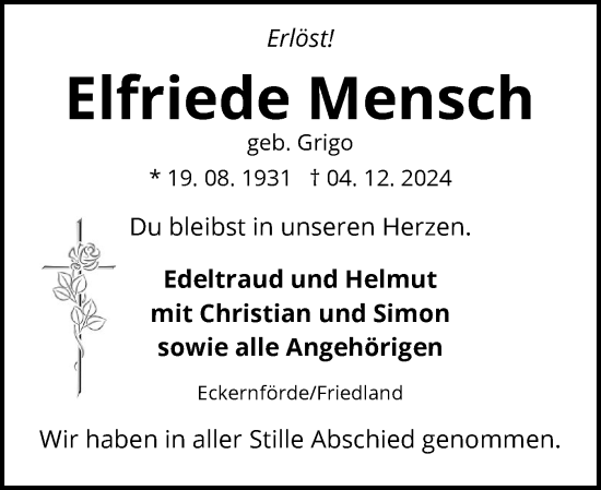 Traueranzeige von Elfriede Mensch von Eckernförder Zeitung, Hallo Eckernförde