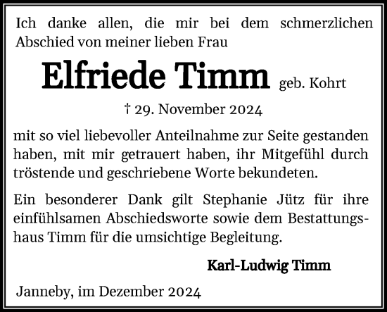 Traueranzeige von Elfriede Timm von Flensburger Tageblatt