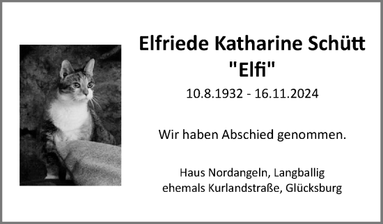 Traueranzeige von Elfriede Katharine Schütt von Flensburger Tageblatt