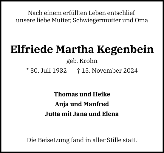 Traueranzeige von Elfriede Martha Kegenbein von Region Pinneberg und tip Pinneberg