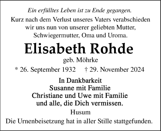 Traueranzeige von Elisabeth Rohde von Husumer Nachrichten, Nordfriesland Tageblatt