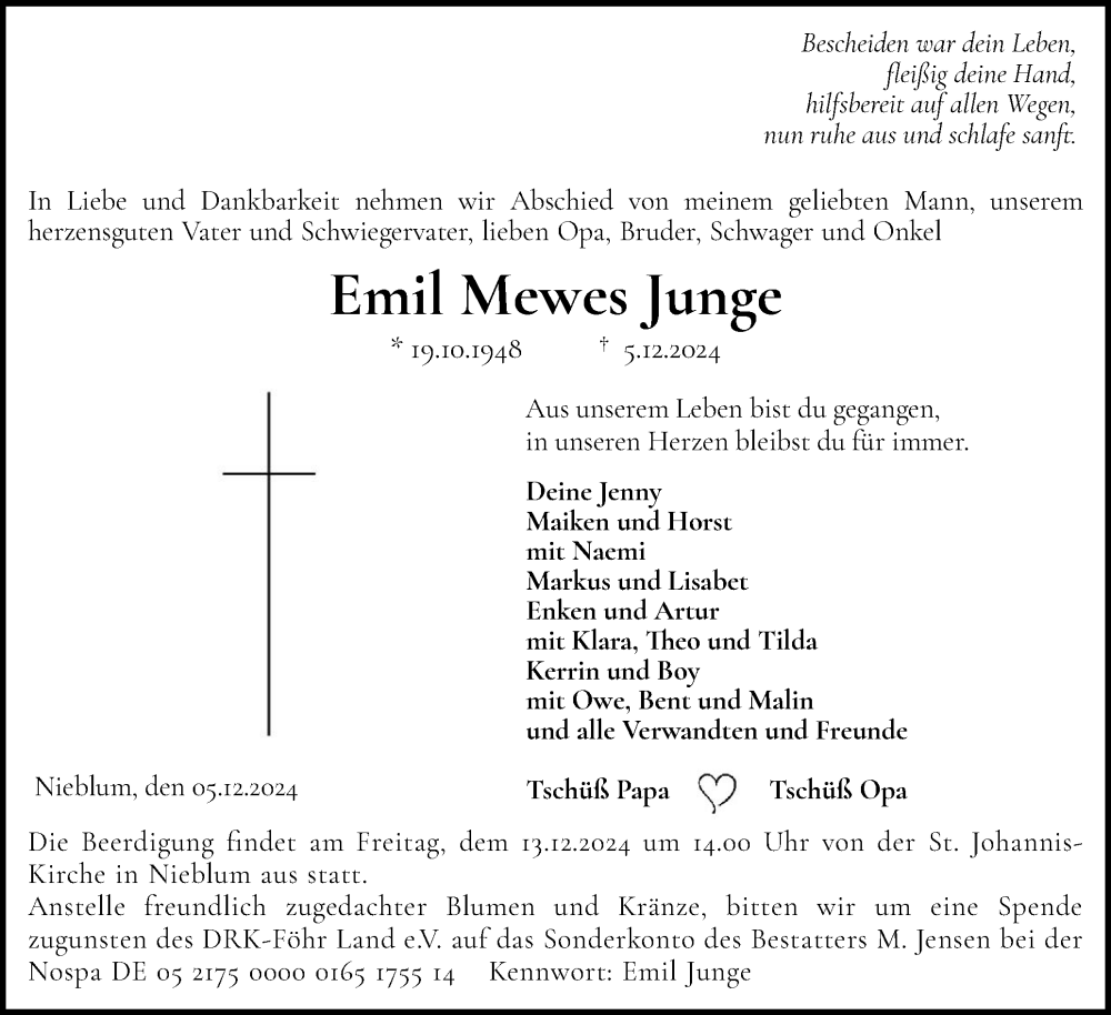  Traueranzeige für Emil Mewes Junge vom 10.12.2024 aus Der Insel-Bote