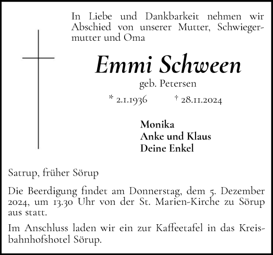 Traueranzeige von Emmi Schween von Flensburger Tageblatt